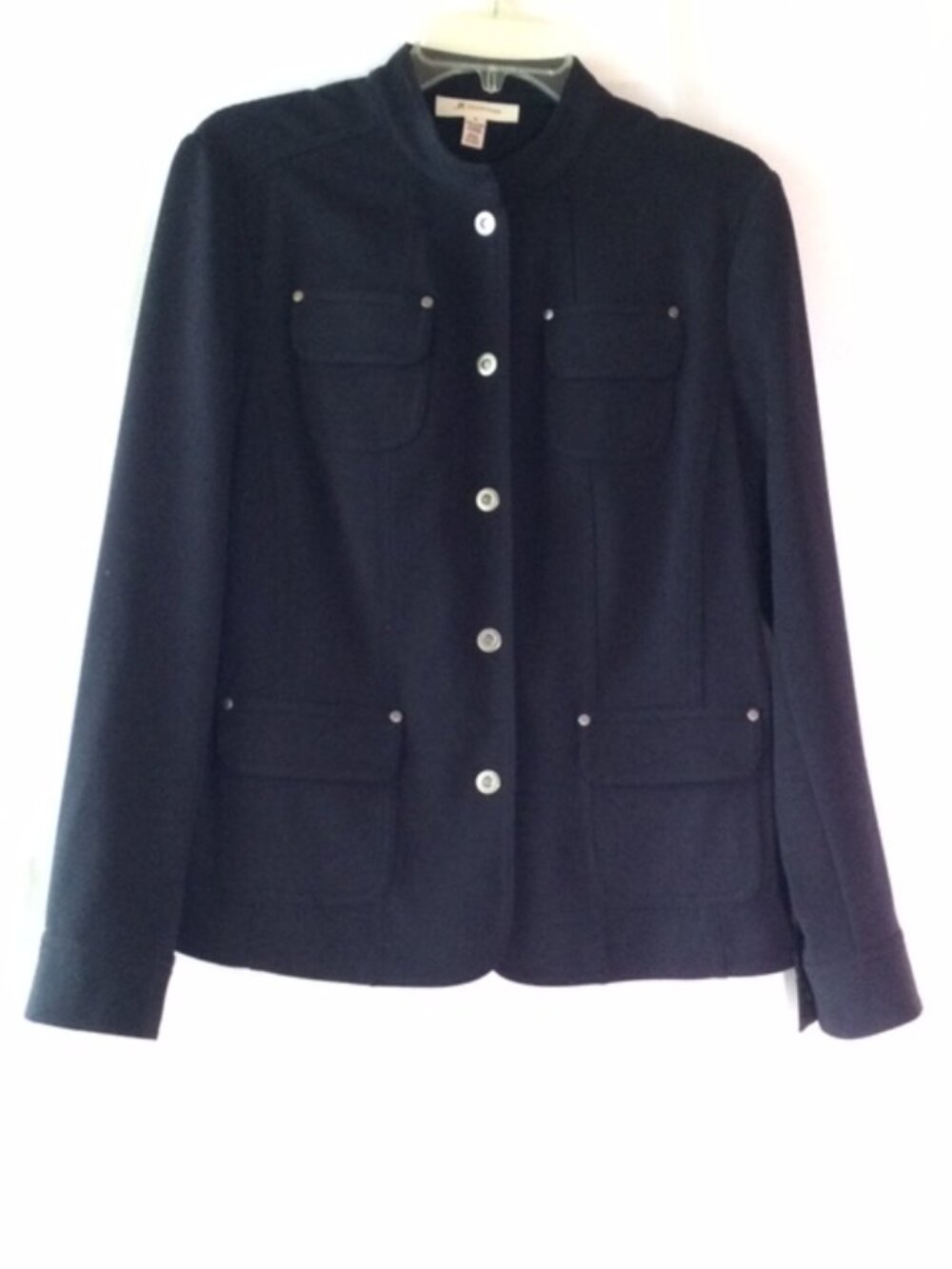 JM Collection Black Military Jacket Size 8 Stretch Career Blazer Silver Button